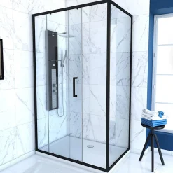 Paroi de douche 1 porte coulissante + Retour 120x80x200 cm - Verre 6 mm - Profilé Noir - CRUSH