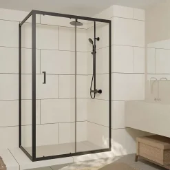 Paroi de douche 1 porte coulissante + Retour 120x90x200 cm - Verre 6 mm - Profilé Noir - CRUSH