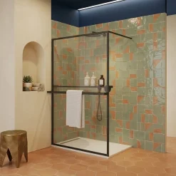 Paroi de douche 120 x 200 avec Porte Serviette et Porte Savon cadre complet Noire Essebagno
