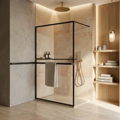 Paroi de douche 120 x 200 avec Porte Serviette et Porte Savon cadre complet Noire Essebagno