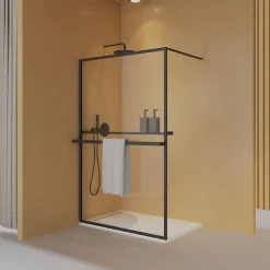 Paroi de douche 120 x 200 avec Porte Serviette et Porte Savon cadre complet Noire Essebagno