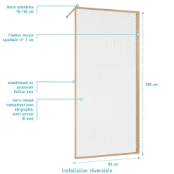 Paroi de douche 90 x 200 HINATA - style Japandi courbes douces - Cadre effet Bois - Verre 6mm