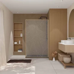 Paroi de douche 120 x 200 HINATA style Japandi courbes douces - Cadre effet Bois - Verre 6mm