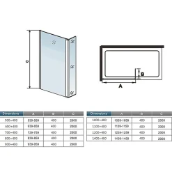 Paroi de douche avec 40 cm retour pivotant - 90 x 200 cm - 8 mm Verre effet Brume, finition chrome avec barre de fixation 140cm