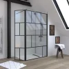 Paroi de douche avec pivot 120+40x195cm - Sérigraphie type Briques et Profilés Noir - DARK BLOCKS