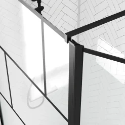 Paroi de douche avec pivot 100+40x195cm - Sérigraphie type Briques et Profilés Noir - DARK BLOCKS