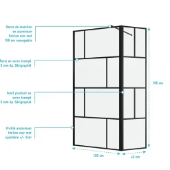 Paroi de douche avec pivot 100+40x195cm - Sérigraphie type Briques et Profilés Noir - DARK BLOCKS