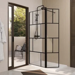 Paroi de Douche avec Volet Pivotant 80+40x195cm - Verre 8mm Anticalcaire - Motifs et Profilés Noir