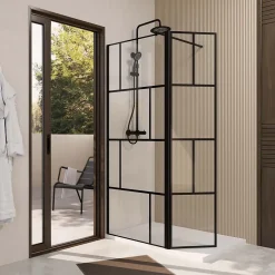Paroi de Douche avec Volet Pivotant 80+40x195cm - Verre 8mm Anticalcaire - Motifs et Profilés Noir