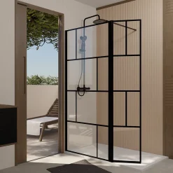Paroi de Douche avec Volet Pivotant 90+40x195cm - Verre 8mm Anticalcaire - Motifs et Profilés Noir