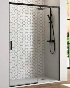 Paroi de douche coulissante 1 porte 1 fixe 1 porte 175 cm (Adaptable 169-174cm) Verre 6 mm clair anti-calcaire Perfil Negro