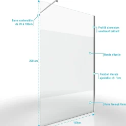 Paroi de Douche Dépolie 140x200cm + Barre de fixation extensible - Verre 8mm - Finition Chrome