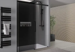 Paroi de douche en niche 195x110cm, profil noir mat, Verre gris 8mm, Cabine de douche encastrée porte coulissante - DX906 FLEX