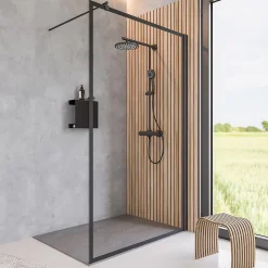 Paroi de douche fixe à l'italienne l.100xH.200cm, Walk In, verre transparent 6mm, profilé noir mat, Schulte New Style