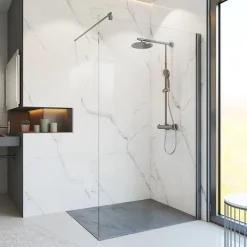 Paroi de douche fixe à l'italienne l.90xH.200cm, Walk In, verre transparent anticalcaire 6mm, profilé gun metal, Schulte NewStyle