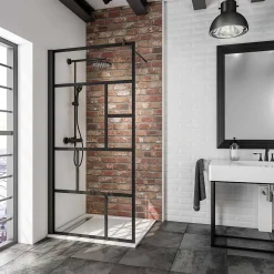 Paroi de douche fixe à l'italienne l.120xH.200cm, Walk In verrière atelier, verre transparent anticalcaire 6mm, profilé noir mat, Schulte NewStyle