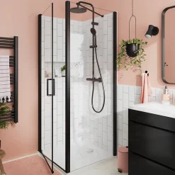 Paroi de douche fixe l.90 x H.195 cm, verre transparent, profilés alu noir, GoodHome Ledava