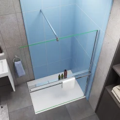 Paroi de douche italienne 140x200 cm - verre 8mm anticalcaire + barre fixation 90 cm avec pince + étagère de Douche alu 140 cm