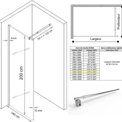 Paroi de douche Italienne ROMA H.200 x 140 cm verre 10 mm opaque - Saniverre