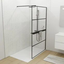 Paroi de douche noir mat avec porte-serviette et tablette DARKY 110 cm