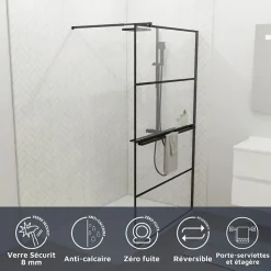 Paroi de douche noir mat avec porte-serviette et tablette DARKY 110 cm