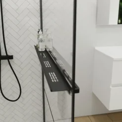 Paroi de douche noir mat avec porte-serviette et tablette DARKY 110 cm