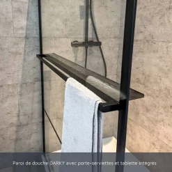 Paroi de douche noir mat avec porte-serviette et tablette DARKY 110 cm