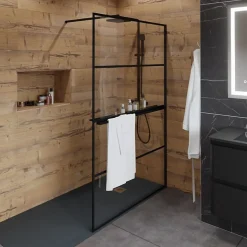 Paroi de douche noir mat avec porte-serviette et tablette DARKY 110 cm