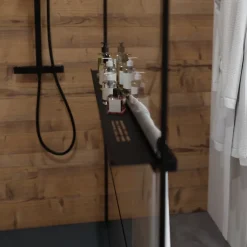 Paroi de douche noir mat avec porte-serviette et tablette DARKY 110 cm