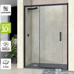 Paroi de douche porte coulissante DROITE en verre ép 6mm L160/164xH195 cm - profilé noir mat - SUPERBAN Vézannes 2P