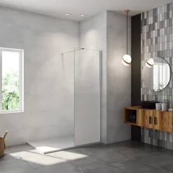 Paroi de douche verre trempé sérigraphié Brume en 8 mm verre - 90 x 200 cm - Profilés chrome avec barre de fixation 90cm