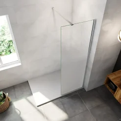 Paroi de douche verre trempé sérigraphié Brume en 8 mm verre - 90 x 200 cm - Profilés chrome avec barre de fixation 90cm