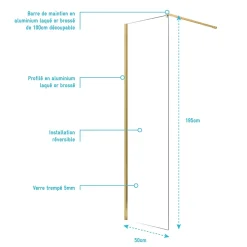 Paroi de Douche 50x195 cm en Verre Trempé 5 mm - Finition Or Brossé - GOLD ELEMENTARY