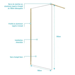 Paroi de Douche 100x195 cm en Verre Trempé 5 mm - Finition Or Brossé - GOLD ELEMENTARY