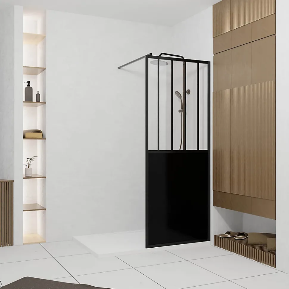 Paroi de douche 80x200 cm type Verriere - Verre trempe et Structure aluminium noir mat - GLASSY
