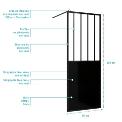 Paroi de douche 80x200 cm type Verriere - Verre trempe et Structure aluminium noir mat - GLASSY