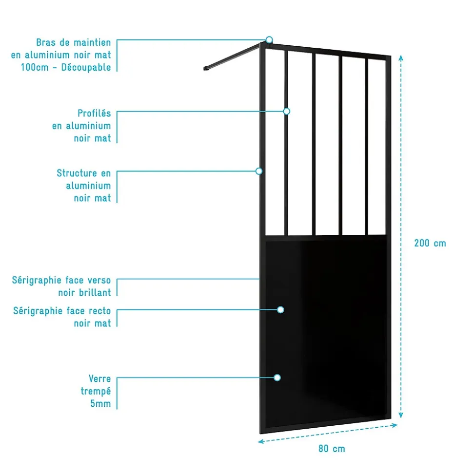 Paroi de douche 80x200 cm type Verriere - Verre trempe et Structure aluminium noir mat - GLASSY