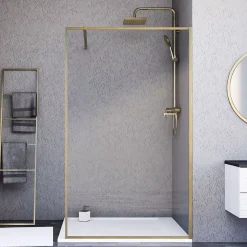 Paroi de douche 120x200 cm verre anticalcaire 6mm avec barre de fixation et cadre complet en aluminium Or Brossé ESSEBAGNO Square