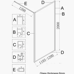 Paroi de douche 120x200 cm verre anticalcaire 6mm avec barre de fixation et cadre complet en aluminium Or Brossé ESSEBAGNO Square