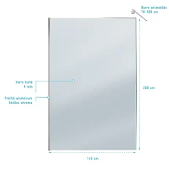 Paroi de Douche 140x200cm Verre Fumé 8mm - Barre de Fixation Extensible et Profil Chrome