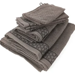 Parure de bain 7 pièces collection OSAKA motif fleurs pur coton marron