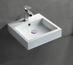 Petit Lavabo design mural 45x45x12,5cm, Vasque suspendue en marbre coulé avec bonde Pop-up - Blanc - BS6050