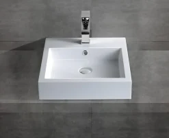 Petit Lavabo design mural 45x45x12,5cm, Vasque suspendue en marbre coulé avec bonde Pop-up - Blanc - BS6050
