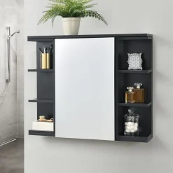 Placard Mural Harstad de Salle de Bain Porte avec Miroir 64 x 80 x 20 cm Noir en.casa