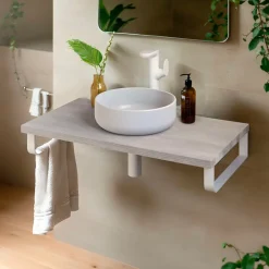 Plan de toilette 91x49x3 cm T-BATH hydrofuge placage frêne naturel avec supports blancs