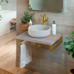 Plan de toilette 61x49x3 cm T-BATH hydrofuge placage frêne naturel avec supports or