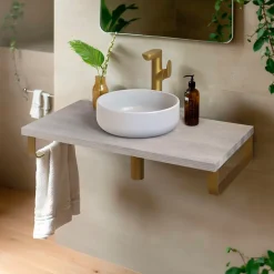 Plan de toilette 91x49x3 cm T-BATH hydrofuge placage frêne naturel avec supports or