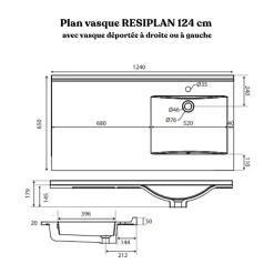 Plan vasque RESIPLAN - 124 cm avec vasque déportée à droite