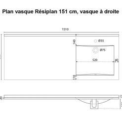 Plan vasque RESIPLAN - 151 cm avec vasque déportée à droite