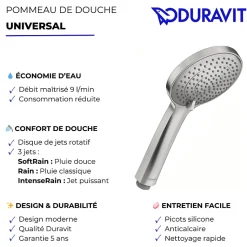 Pommeau de douche 3 jets DURAVIT Universal avec curseur inox brossé + flexible de douche
